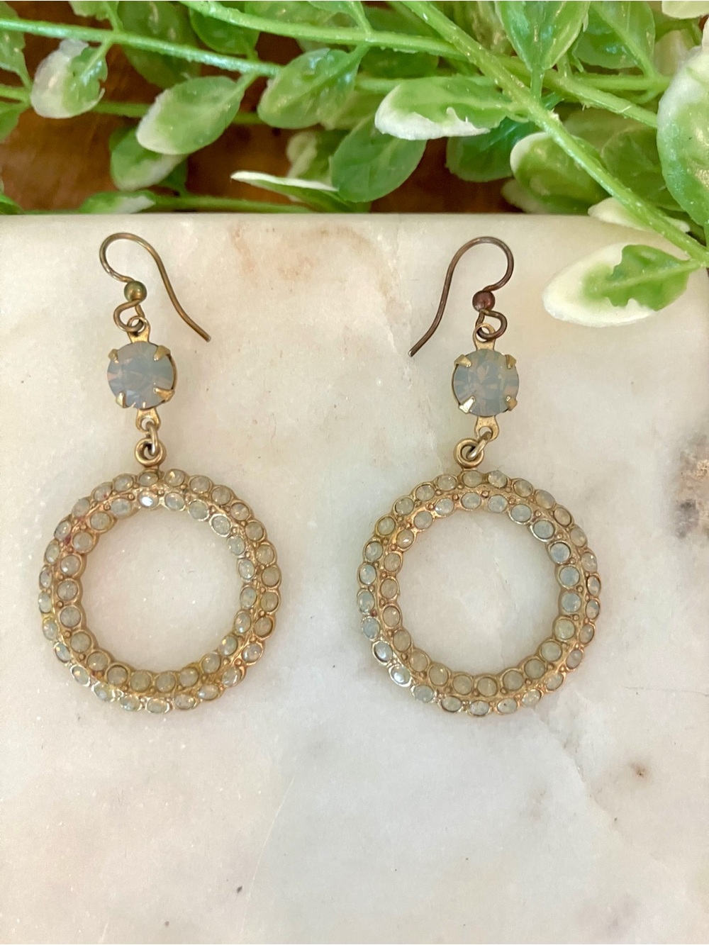 Gold-Tone Opal Circle Drop Hoop Dangle Earrings